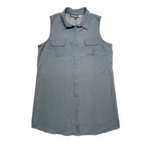 Studio 253 Sleeveless Dress Blue Button Up Women's X-Large Shirt Style Stretch
